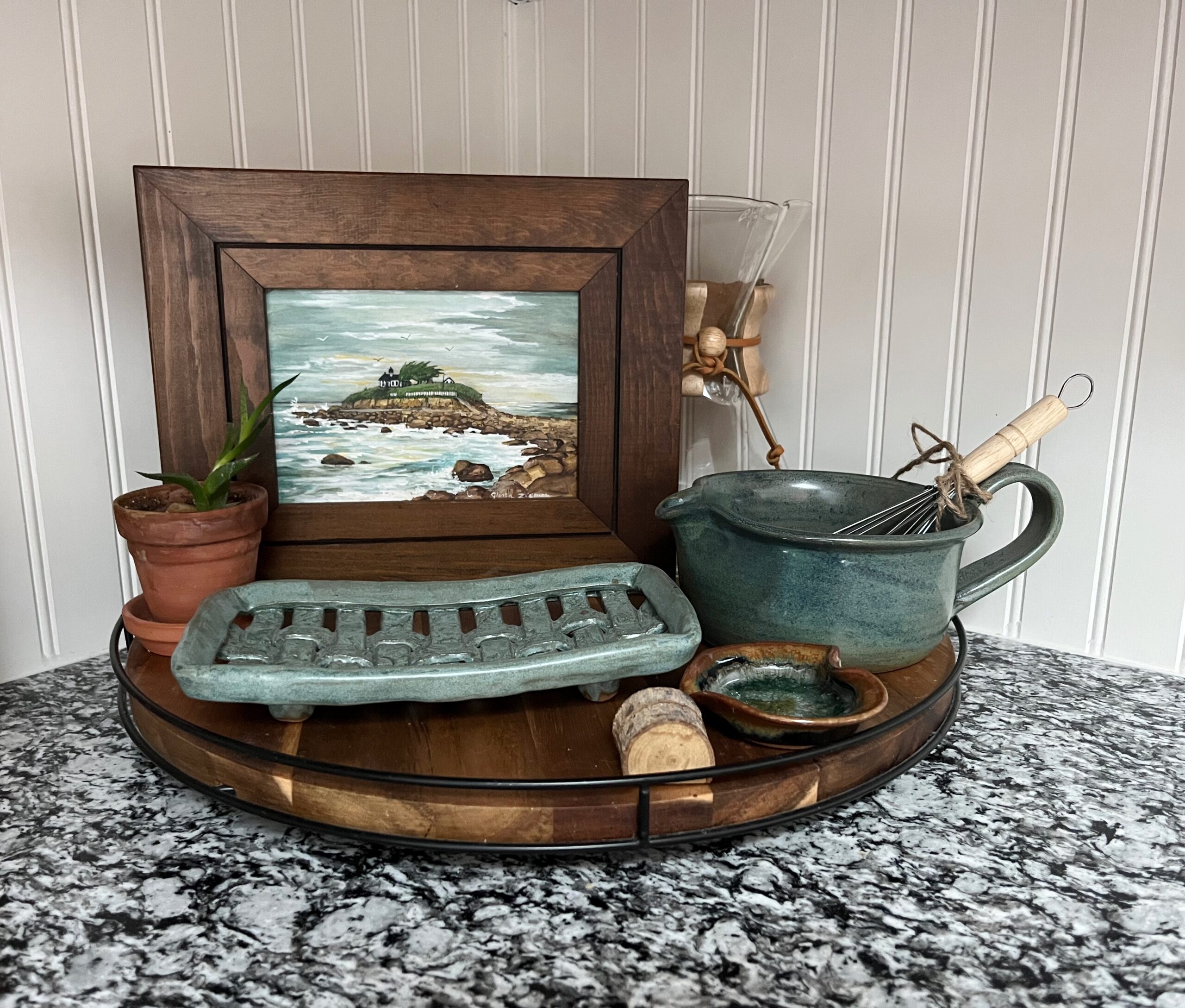 Kitchen fall vignette with teal accents